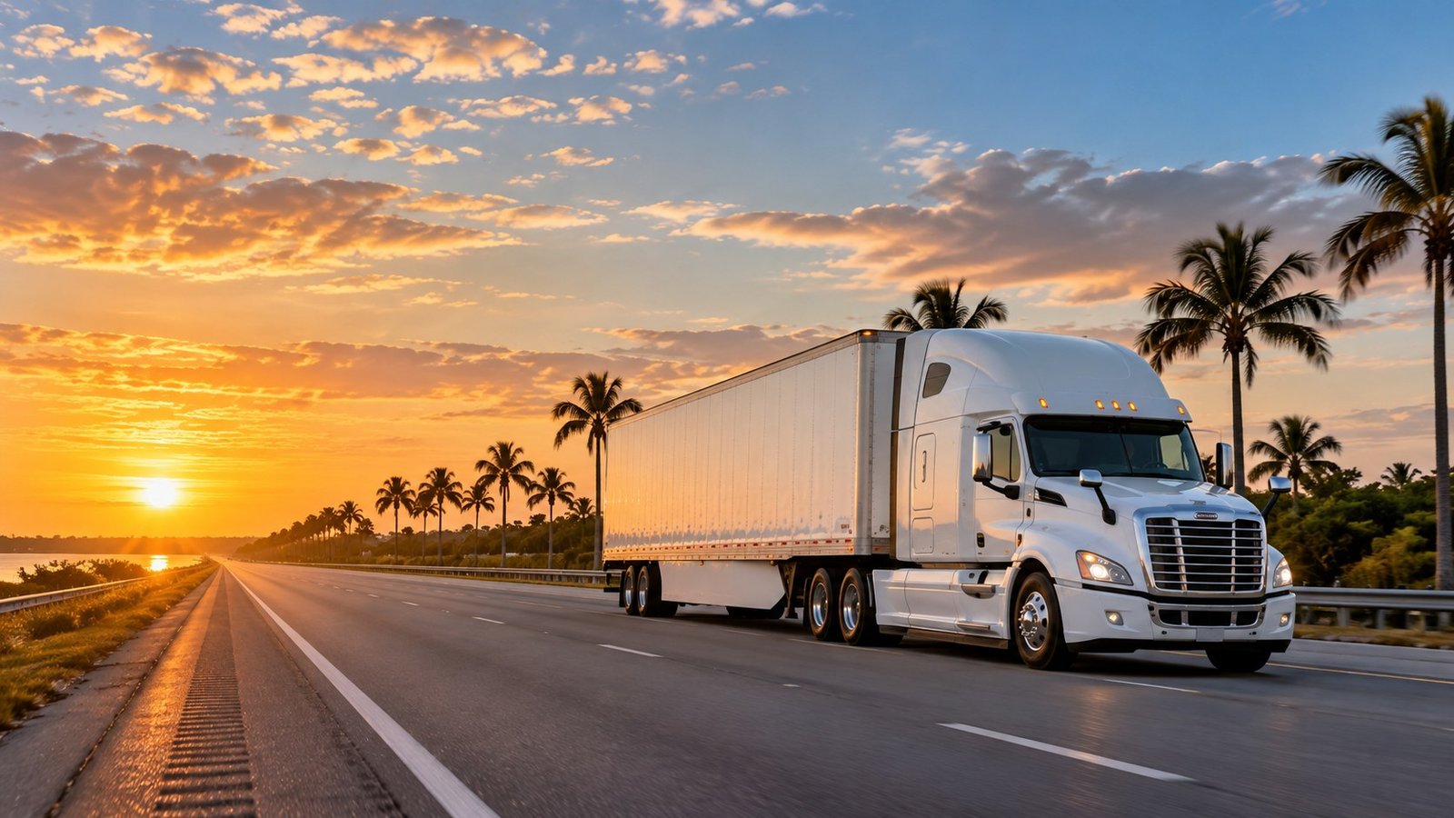 Illustrative American semi truck on a Florida highway at sunrise