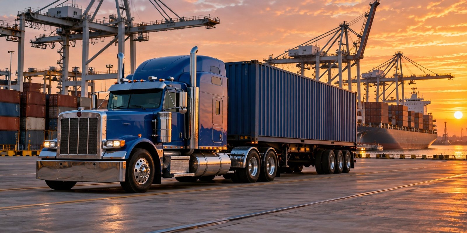 Illustrative blue semi truck at a US cargo port